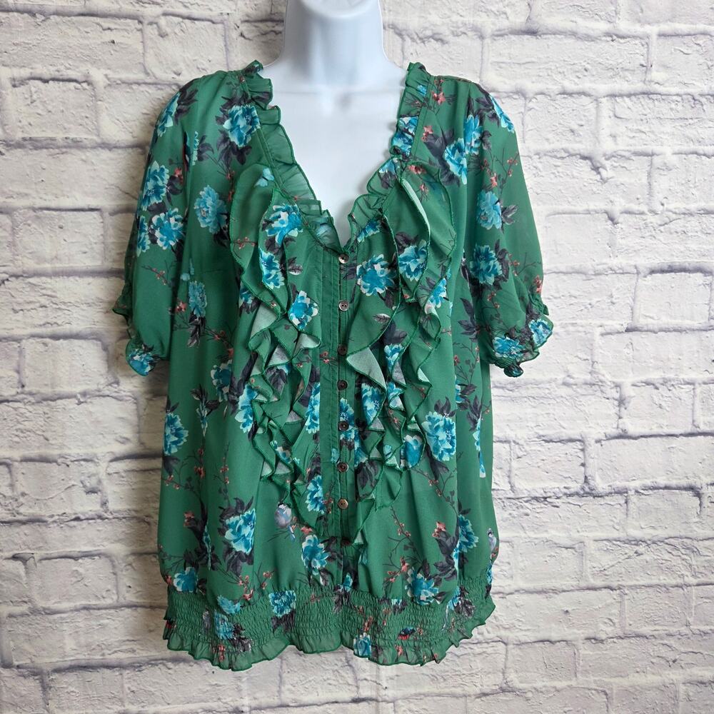 Wayward Fancies by eShakti Large/14 Green Floral V Neck Blouse Ruffle Trim